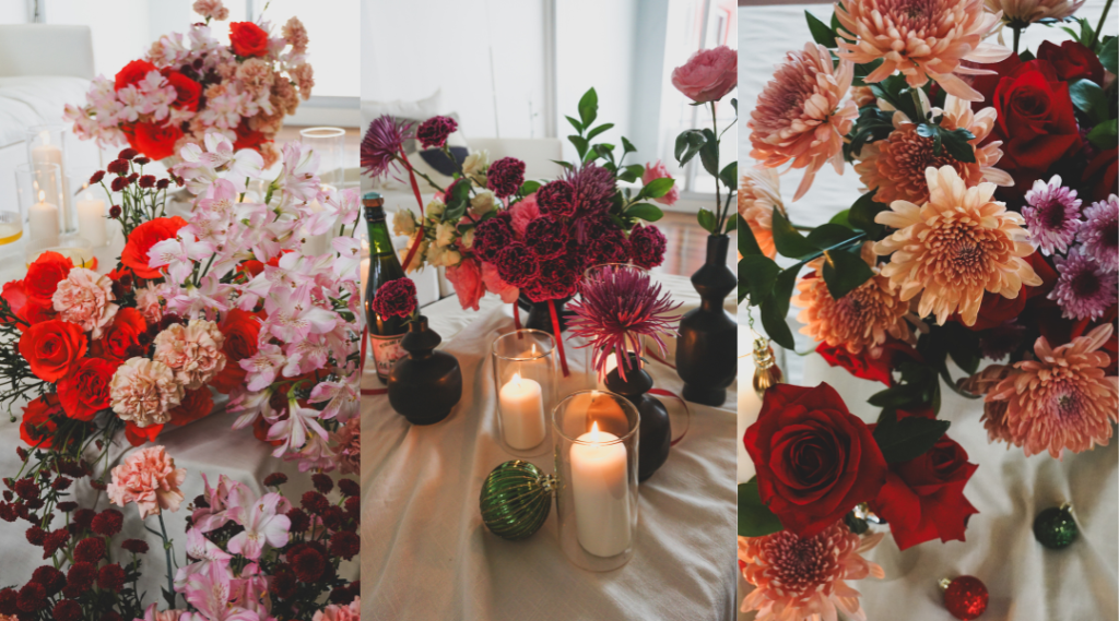 A combination of three floral arrangements: romantic red and pink roses, a cascading display, and a gothic centerpiece with pink and dark purple carnations, cream roses, and candles.